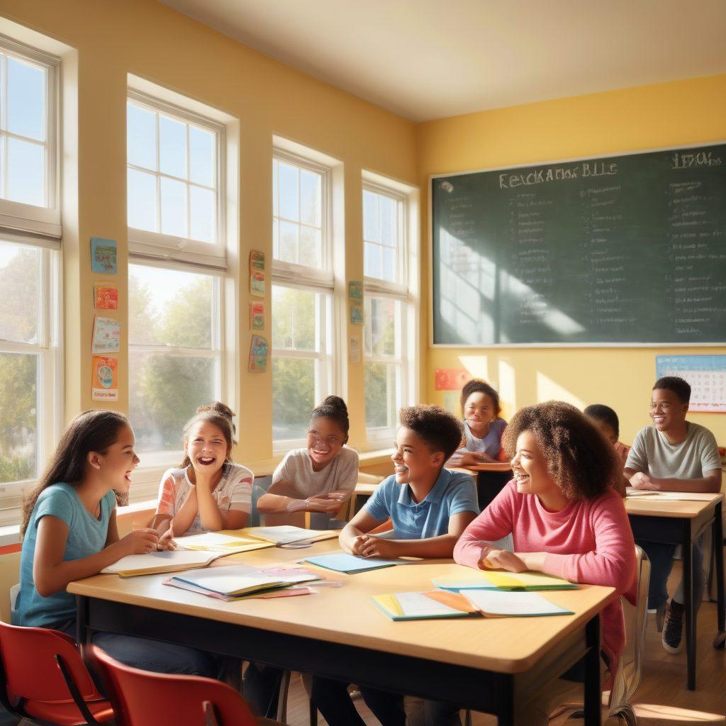 A cheerful classroom setting filled with diverse students engaging in lively discussions and using colorful flashcards and books to learn new vocabulary, with a blackboard displaying grammar rules and playful illustrations. Bright sunlight streaming through the windows creates an inviting and joyful atmosphere. super-realistic. vibrant colors. educational theme.