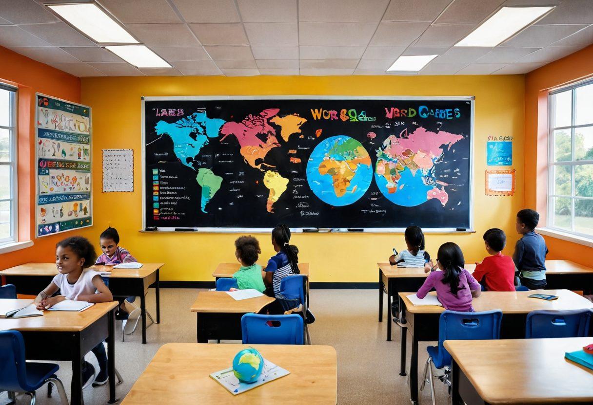 A vibrant classroom filled with diverse students engaging with colorful language learning tools, such as word games and interactive flashcards. Include a large chalkboard with creative language tips and a globe showcasing different countries' languages. Bright light flooding in from a window, creating an inviting atmosphere for learning. cartoon style. colorful. lively.