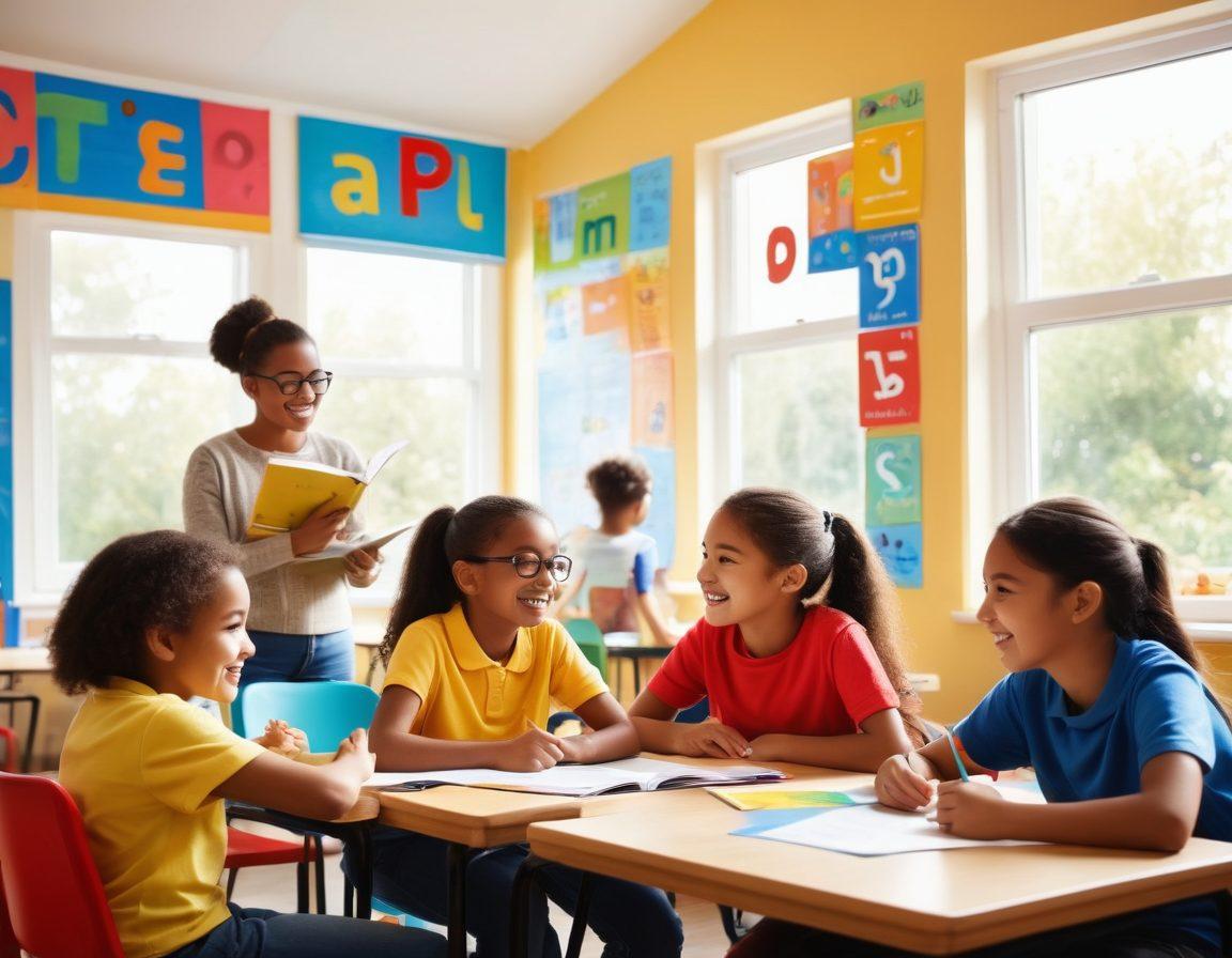 A vibrant classroom scene showcasing diverse students of various ages and backgrounds joyfully engaged in learning languages, surrounded by colorful posters of different alphabets. Include light-hearted interactions like a student teaching another a new phrase, with books and digital devices scattered around. Add a window revealing a sunny day outside, symbolizing a bright future through education. cartoonish style. vibrant colors. engaging atmosphere.